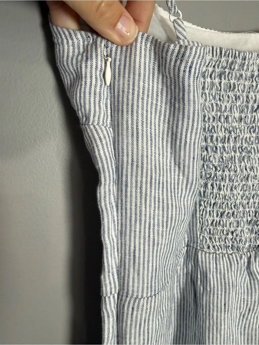 Quince 100% European Linen Scoop Neck Midi Dress Blue Pinstripe S